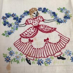 Vintage 40 50 Retro Cottagecore  Embroidered Girl Cornflowers Kitchen Tea Towel
